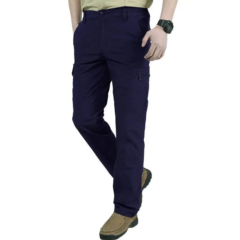 Casual men's navy cargo pants with multiple pockets and a zip pocket, quick-dry breathable outdoor hiking pants