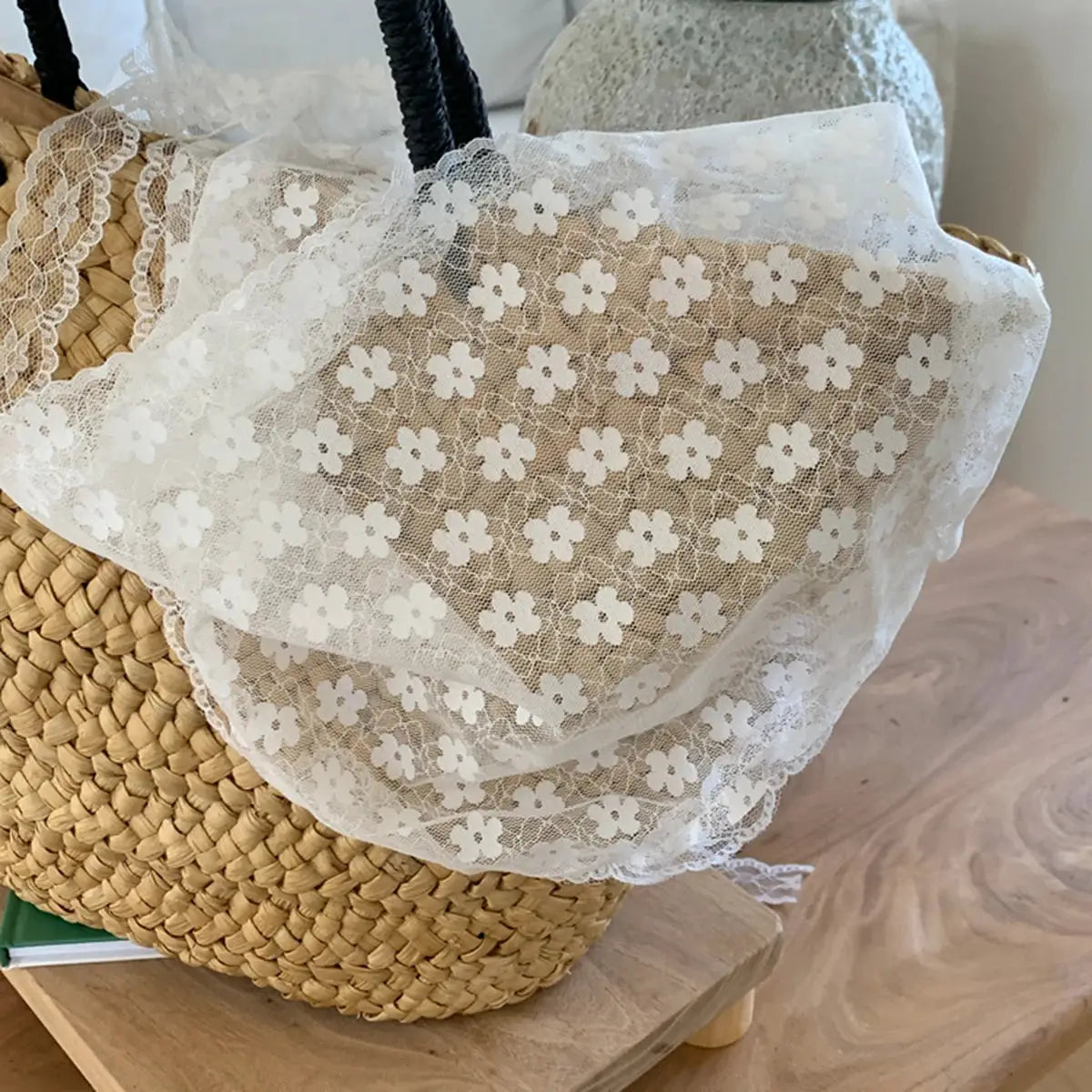 White Lace Triangle Scarf for Women Elegant Floral Ribbon Style Breathable Polyester Cotton Blend Travel Accessory