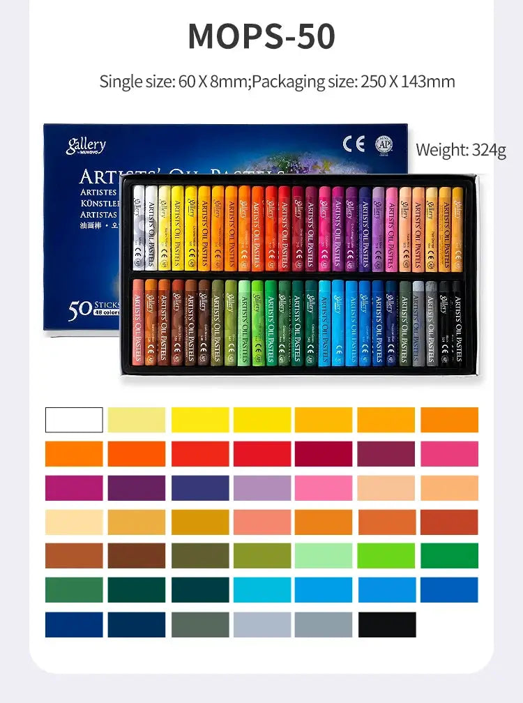 MUNGYO Artist Soft Oil Pastel Set, 50-color professional non-toxic pastels with color swatches