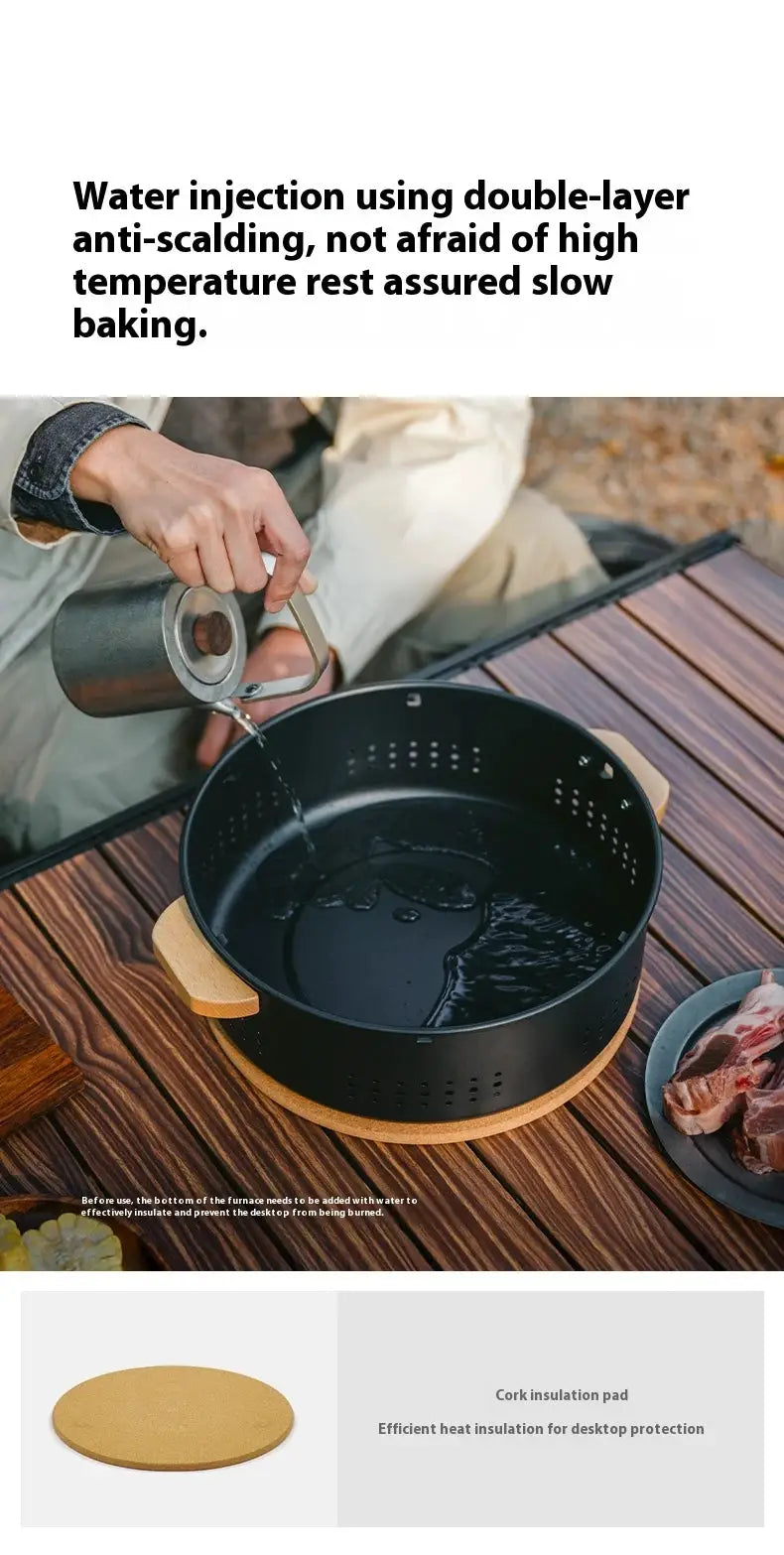 Naturehike outdoor tabletop BBQ stove with a black perforated steel pot on a wooden trivet, camping scene