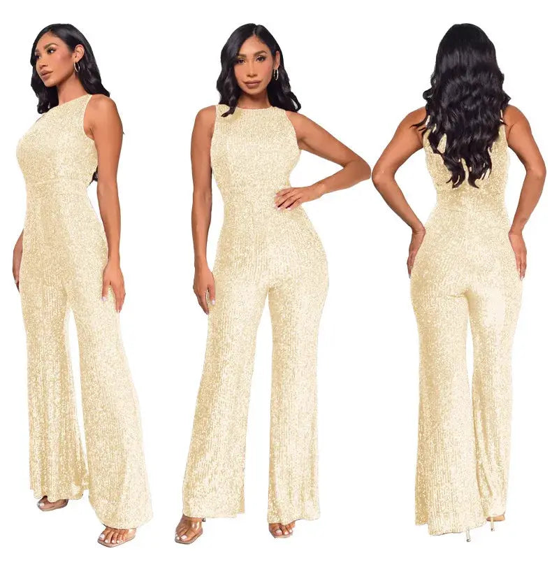 Women's sequined jumpsuit by Simples Market, sleeveless, high-waisted, wide-leg gold glam.