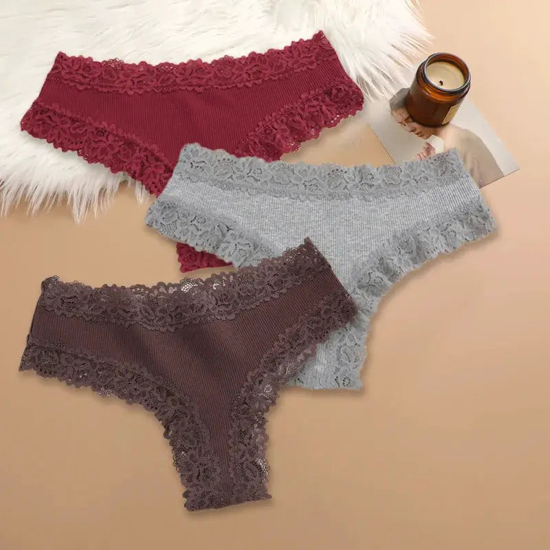 Three-piece women's cotton panties set with floral lace trim in burgundy, gray, and brown (S-XL)