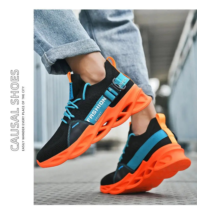 Men's mesh breathable sneakers with black uppers, thick orange sole and blue accents.