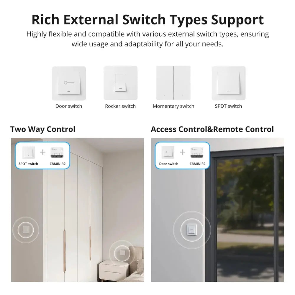SONOFF ZBMINIR2 Zigbee smart switch; external door/rocker/momentary/SPDT switches; two configurations Simples Market