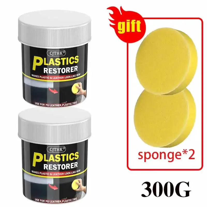 Car plastic restorer set by CJTHK, includes 2 jars (300G) and 2 yellow sponges