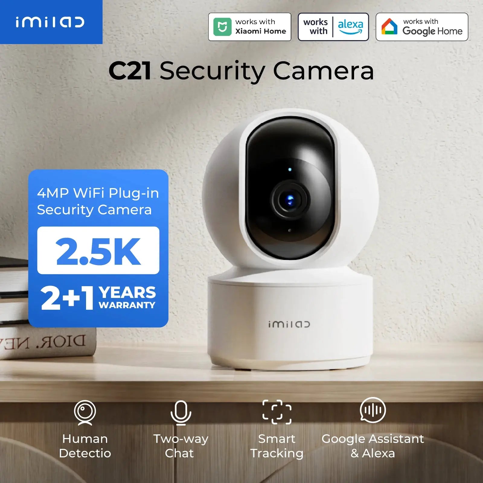IMILAB C21 security camera by Simples Market; white indoor WiFi plug-in 2.5K camera with PTZ, AI detection