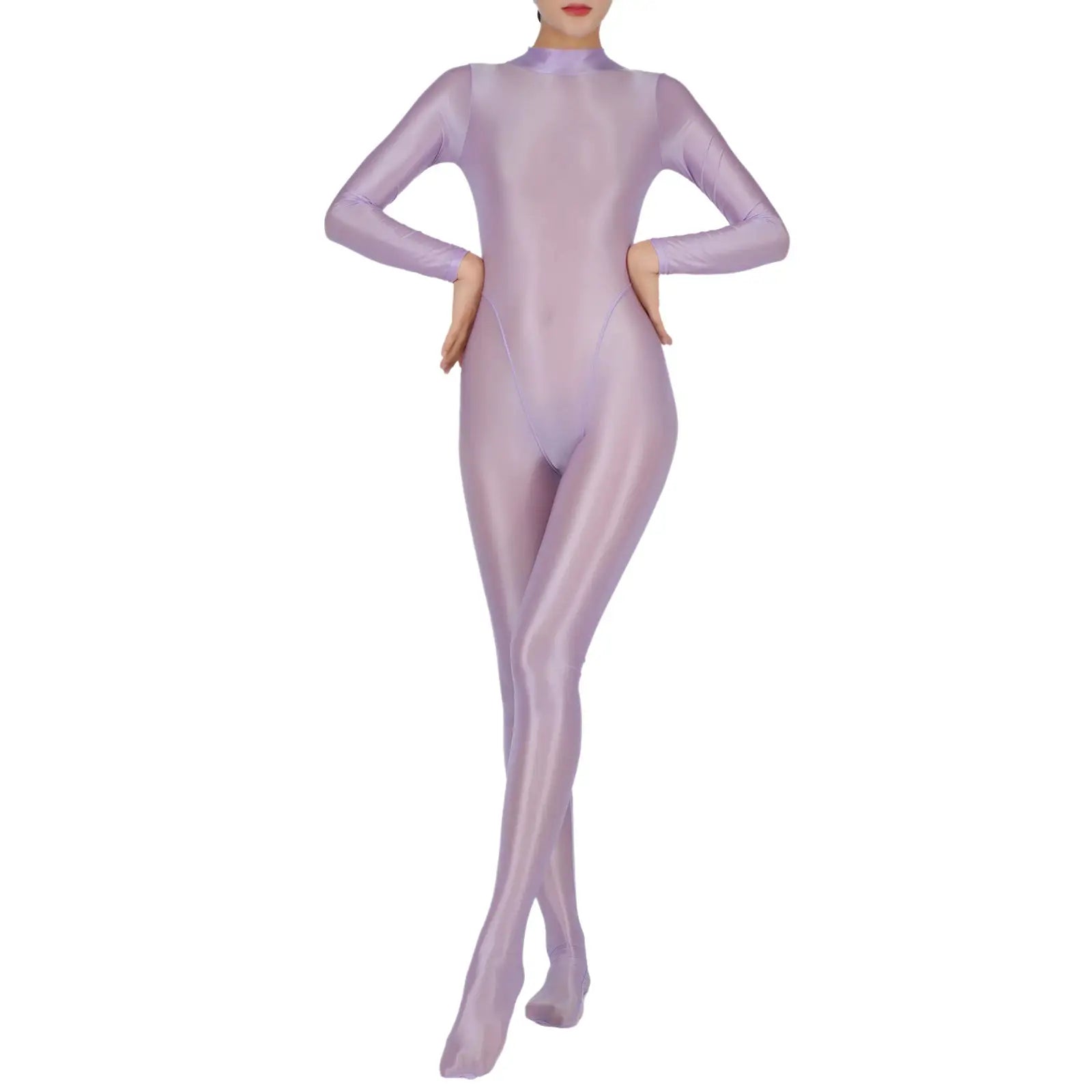 Women full-body jumpsuit in lavender metallic latex; long sleeves, footed one-piece by Simples Market
