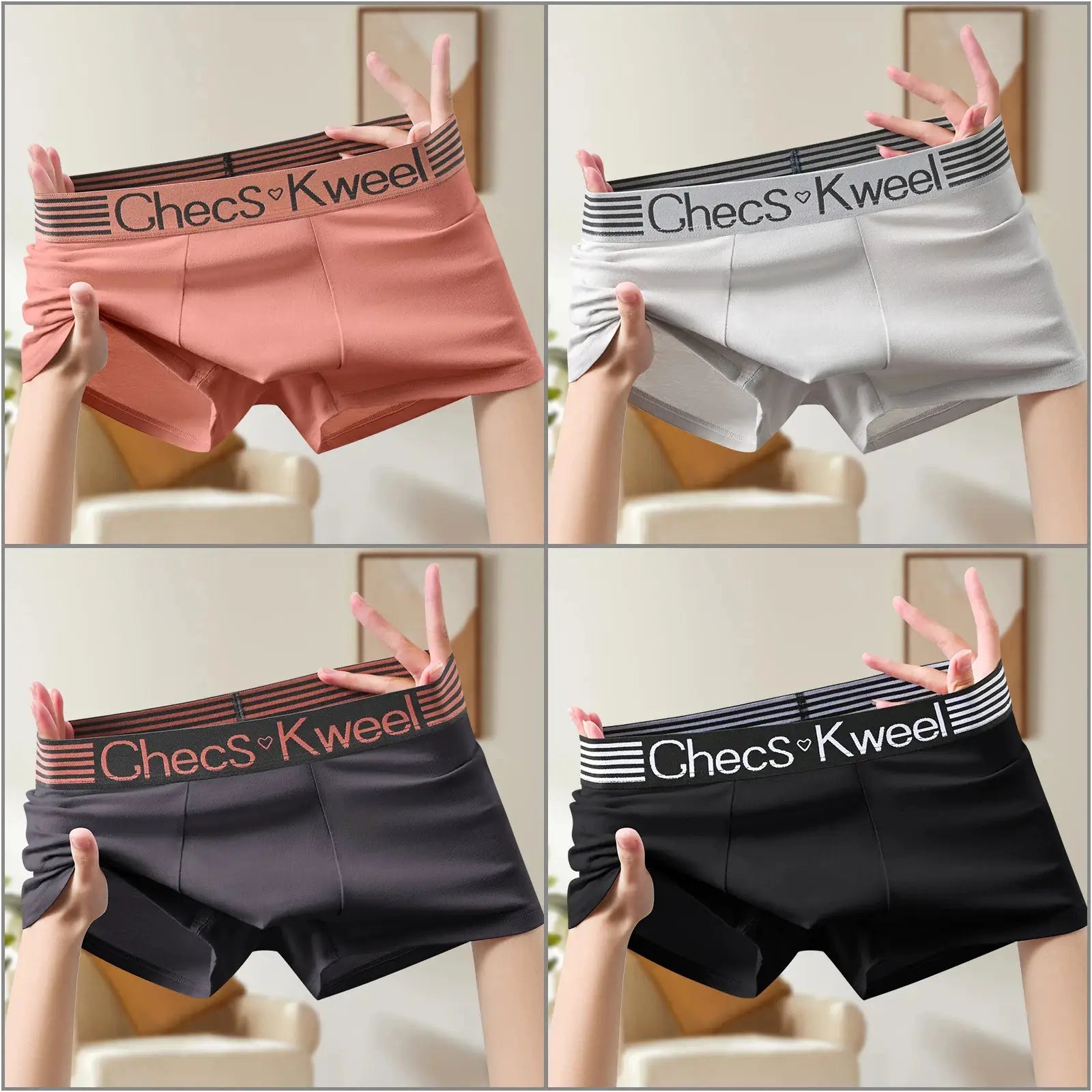 4-pack men's cotton boxer shorts in pink, gray, navy and black with striped branded waistbands, Simples Market