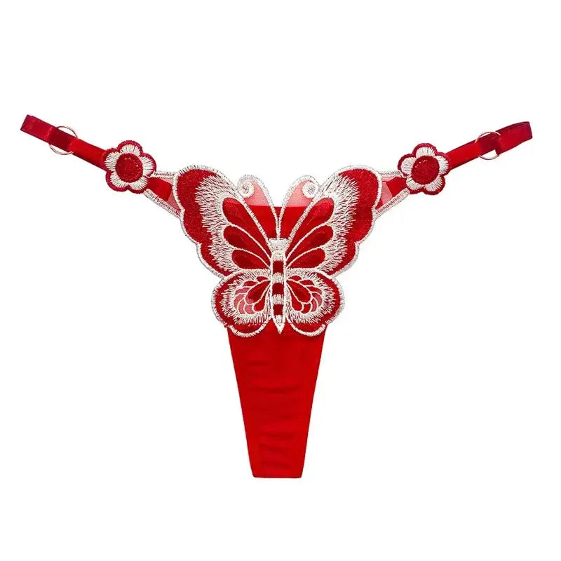Butterfly lace thong by Simples Market, red low-waist mesh G-string with white embroidered butterfly