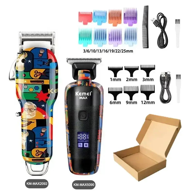 Kemei graffiti-pattern cordless hair clipper set (2 units) with assorted guard sizes, USB charger, brush, and box