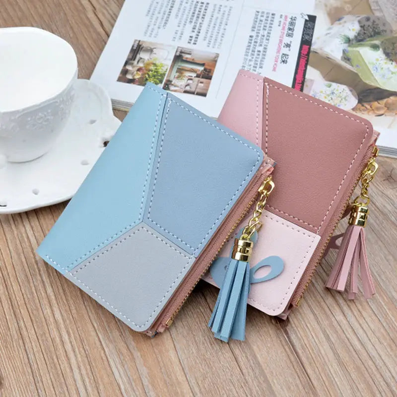 Two PU leather fashion wallets coin purses with tassels in blue and pink by Simples Market