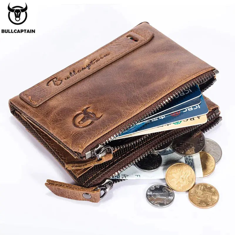 BULLCAPTAIN retro brown leather RFID wallet with zippered coin purse and card slots