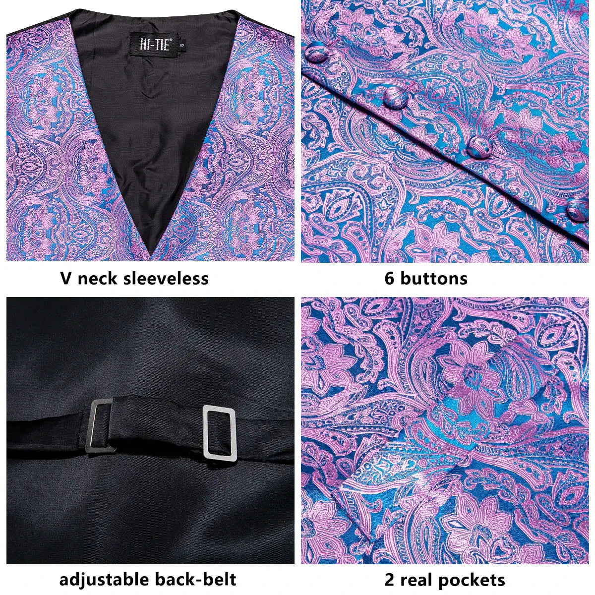Hi-Tie purple paisley waistcoat with blue and pink pattern; six front buttons, adjustable back belt, two pockets