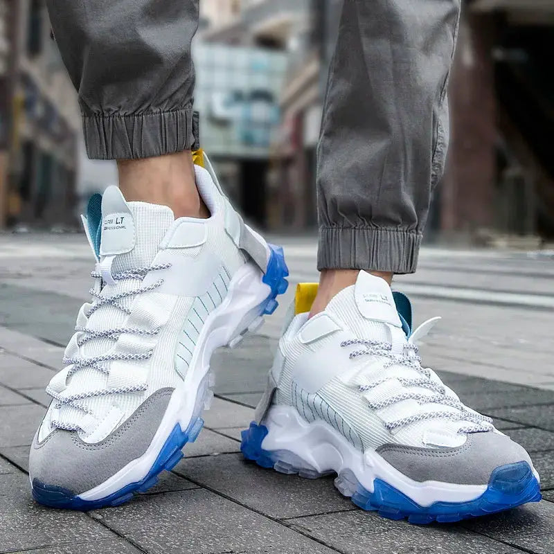 Men's sneakers by Simples Market, white and gray breathable running shoes with blue outsole accents
