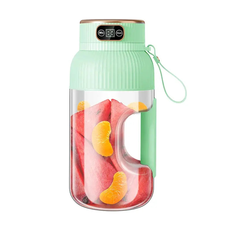 1000ml portable green juicer blender bottle with watermelon and orange slices and USB charging.