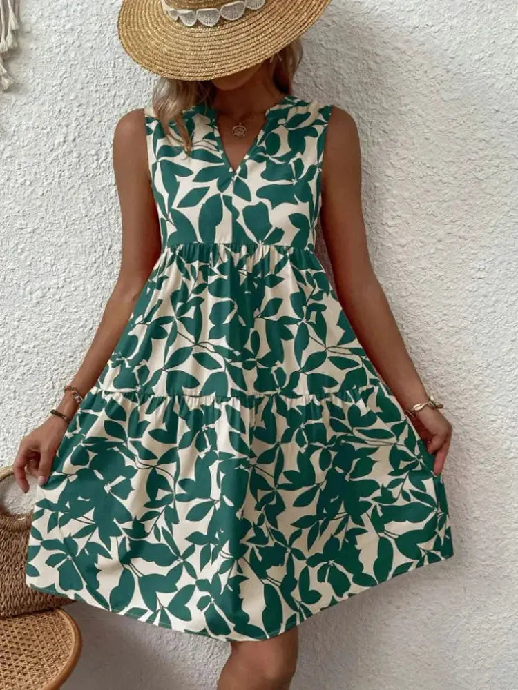 Women Boho Print Mini Dress Sleeveless V Neck Ruffle Beach Sundress