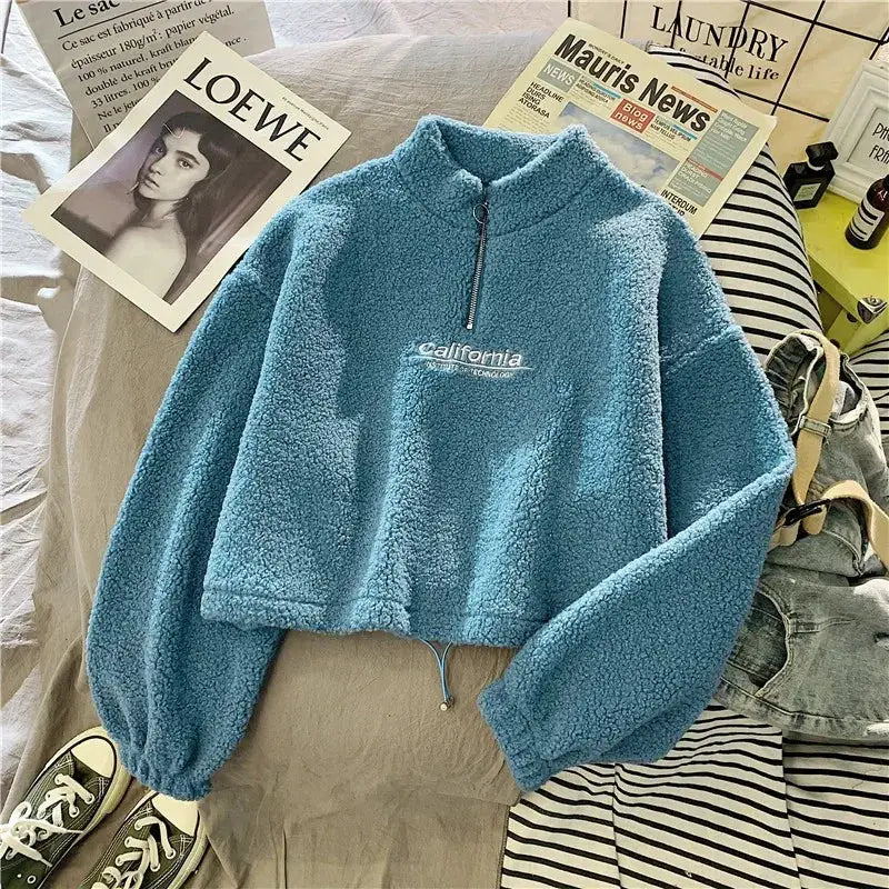 VelvetAura Women Stand Neck Fleece Cropped Hoodie With Letter Embroidery For Elegant Velvet Plush Warmth