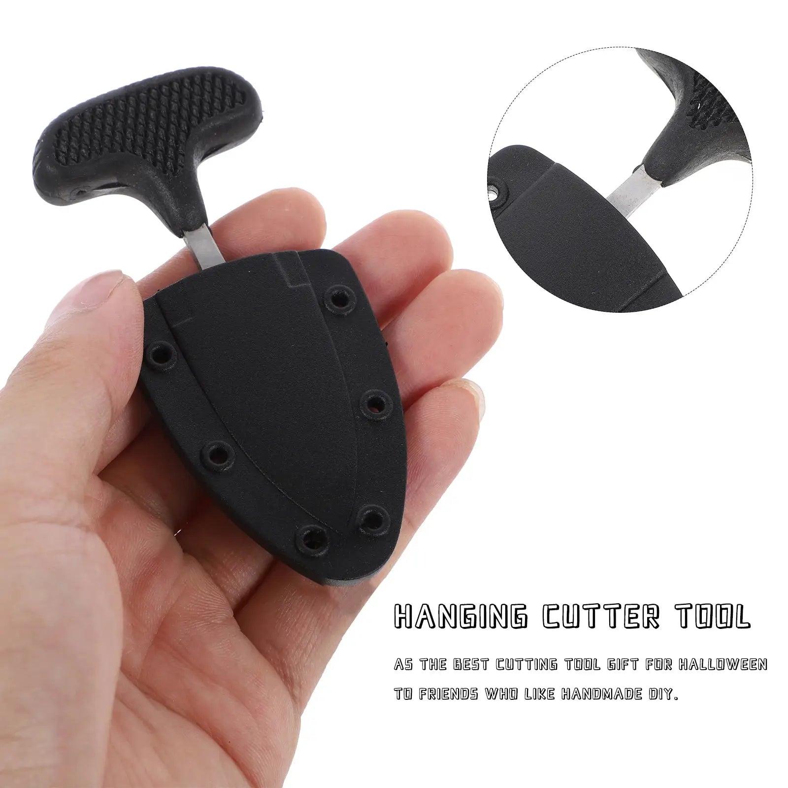 Hanging cutter tool; compact black pocketknife with textured grip and small metal blade.
