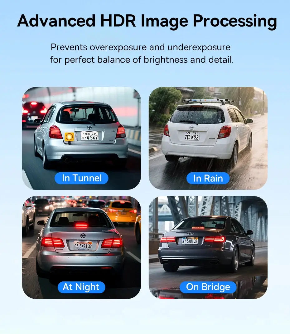 Baseus 4K Dash Cam VD1 Pro front/rear UHD car camera with HDR processing; shows tunnel, rain, night and bridge scenes.