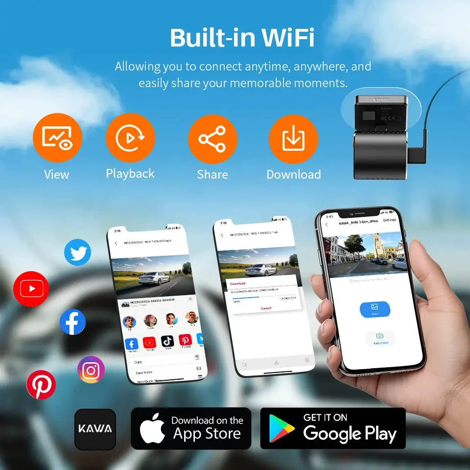 KAWA MINI 3 Gen2 dash cam car DVR with built-in WiFi, 2K, APP/voice control