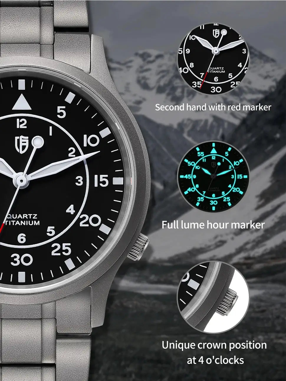 BERNY Titanium Watch for Men by Simples Market, black dial, titanium case and bracelet with luminous markers