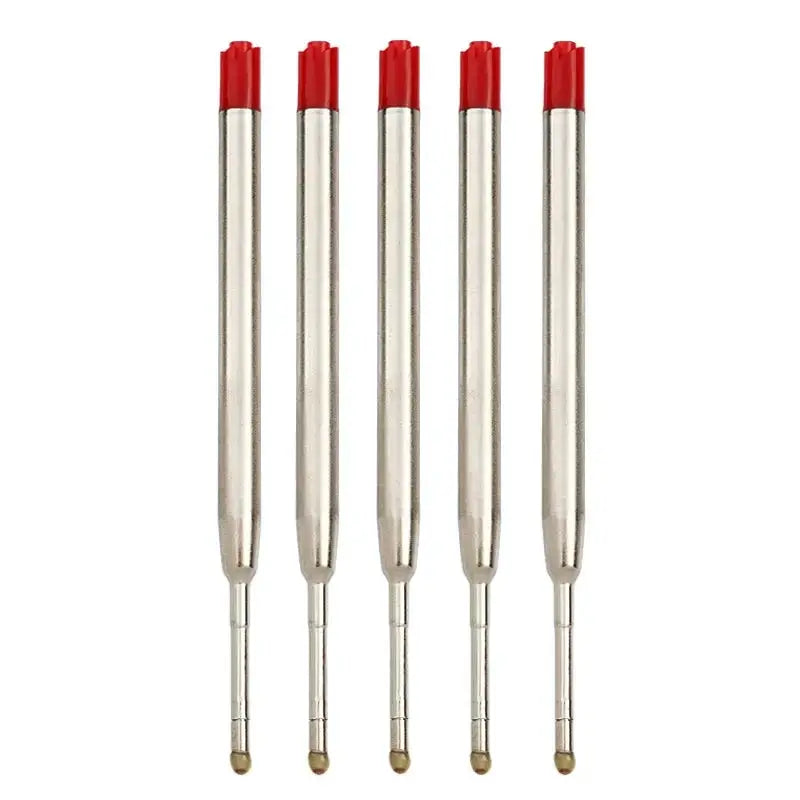Five silver metal ballpoint pen refills with red-tipped ends for Parker pens.