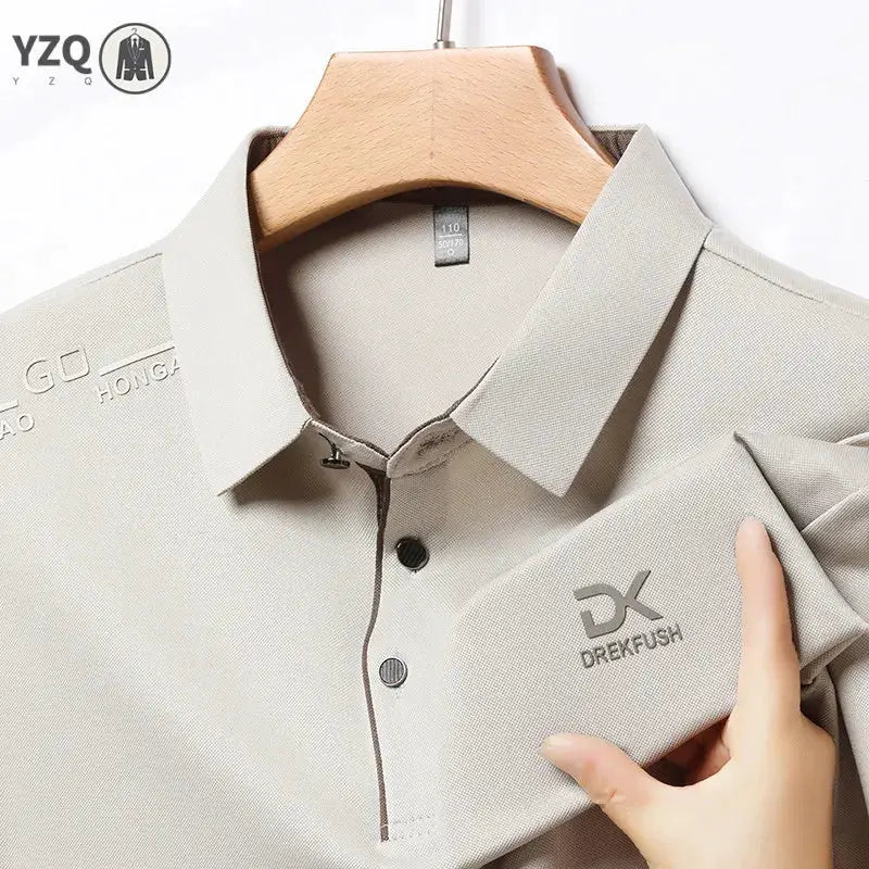 Men's beige short-sleeve polo shirt with DK DREKFUSH logo badge; breathable business casual top