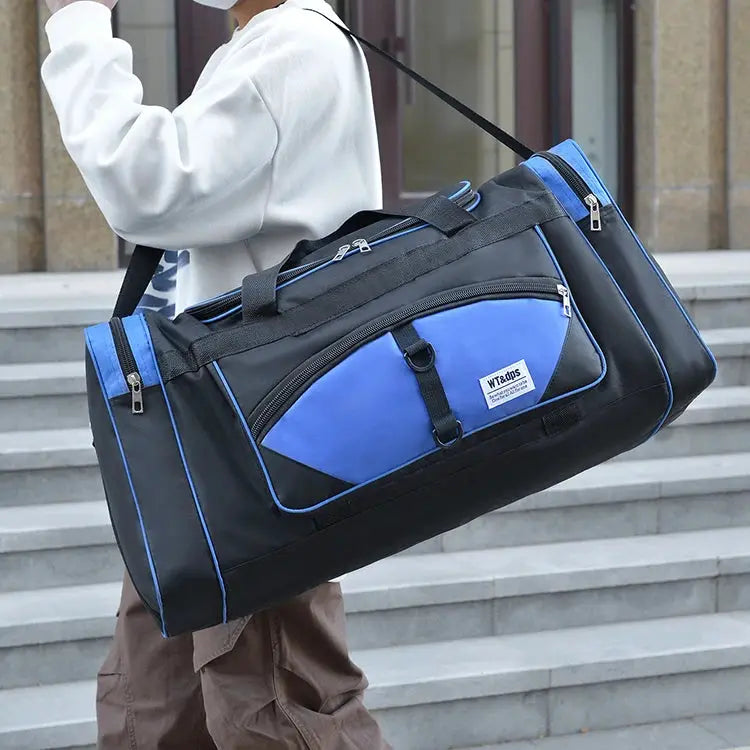 Oversized handbag by Simples Market in black with blue panels, multi-functional travel/fitness bag