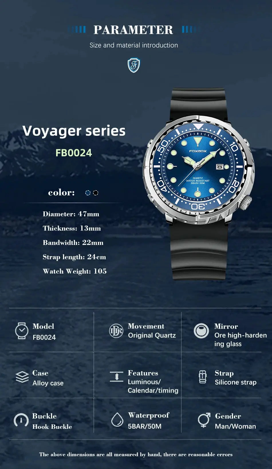 Voyager series FB0024 diver watch with blue dial, stainless steel bezel, and black silicone strap.