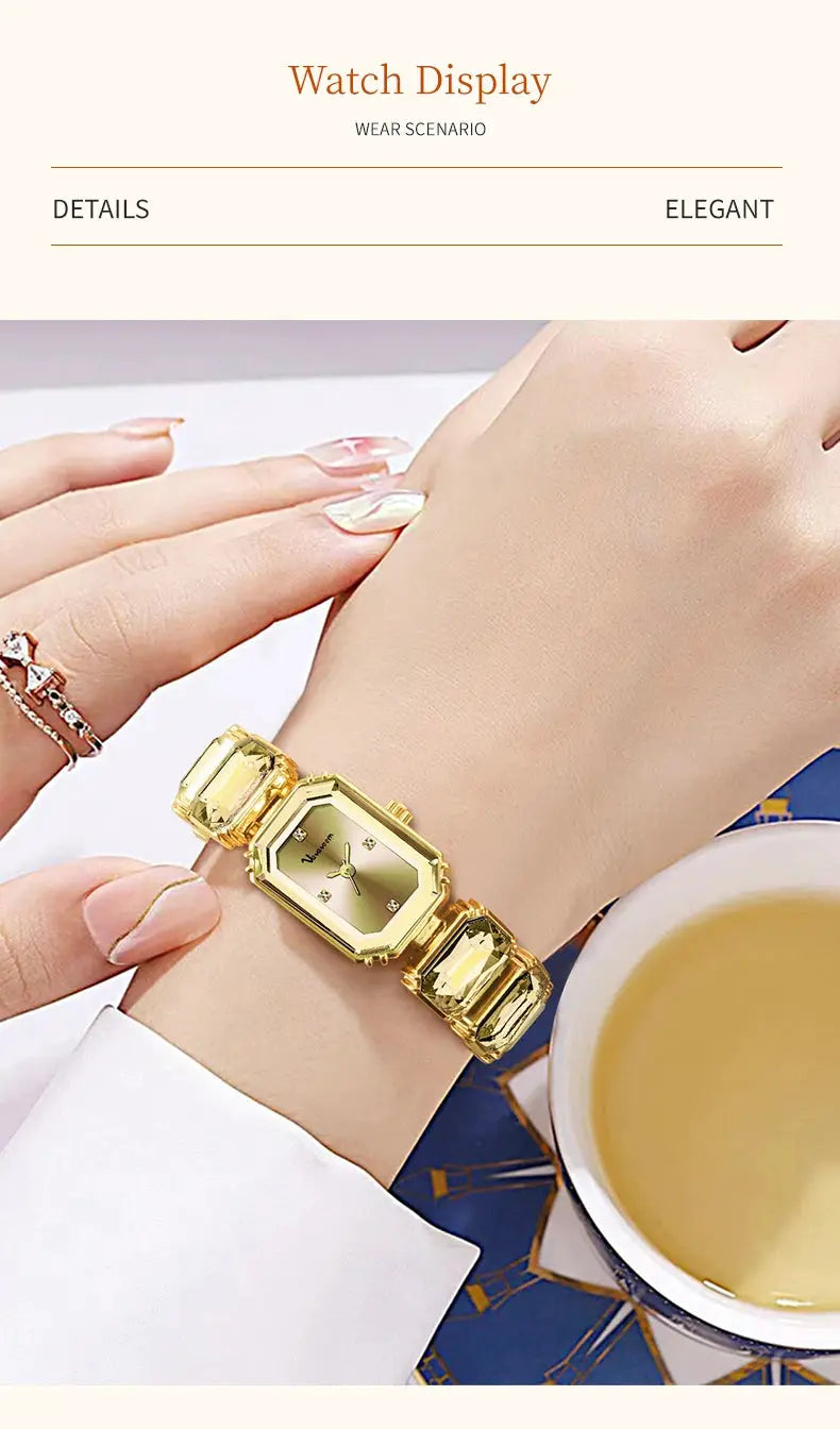Women square watch by Simples Market, rose gold rhinestone stainless steel bracelet, quartz movement.