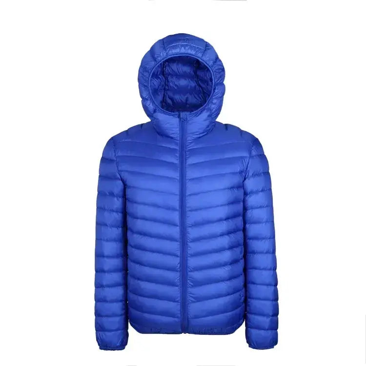 Blue men's hooded puffer down jacket, lightweight quilted coat