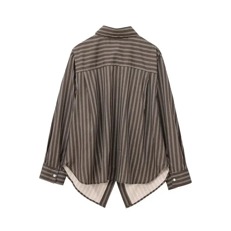 Autumn striped blouse for women, brown with white stripes, turn-down collar, long sleeves, curved hem