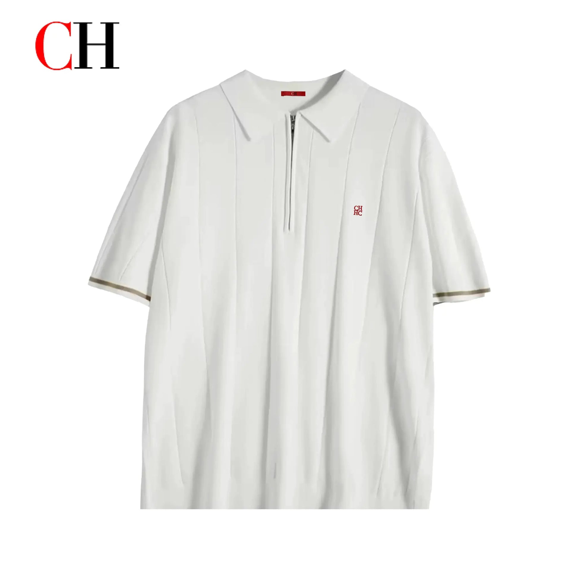 Simples Market Mens white CH knit polo shirt with half-zip placket and red embroidery