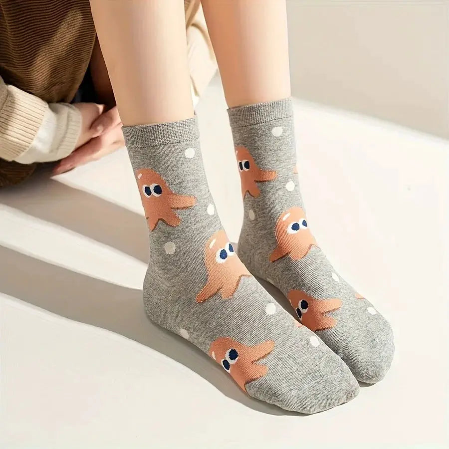 5 Pack Mixed Color Kids Mid Calf Socks With Cartoon Hamburger And Fries Pattern For Boys And Girls