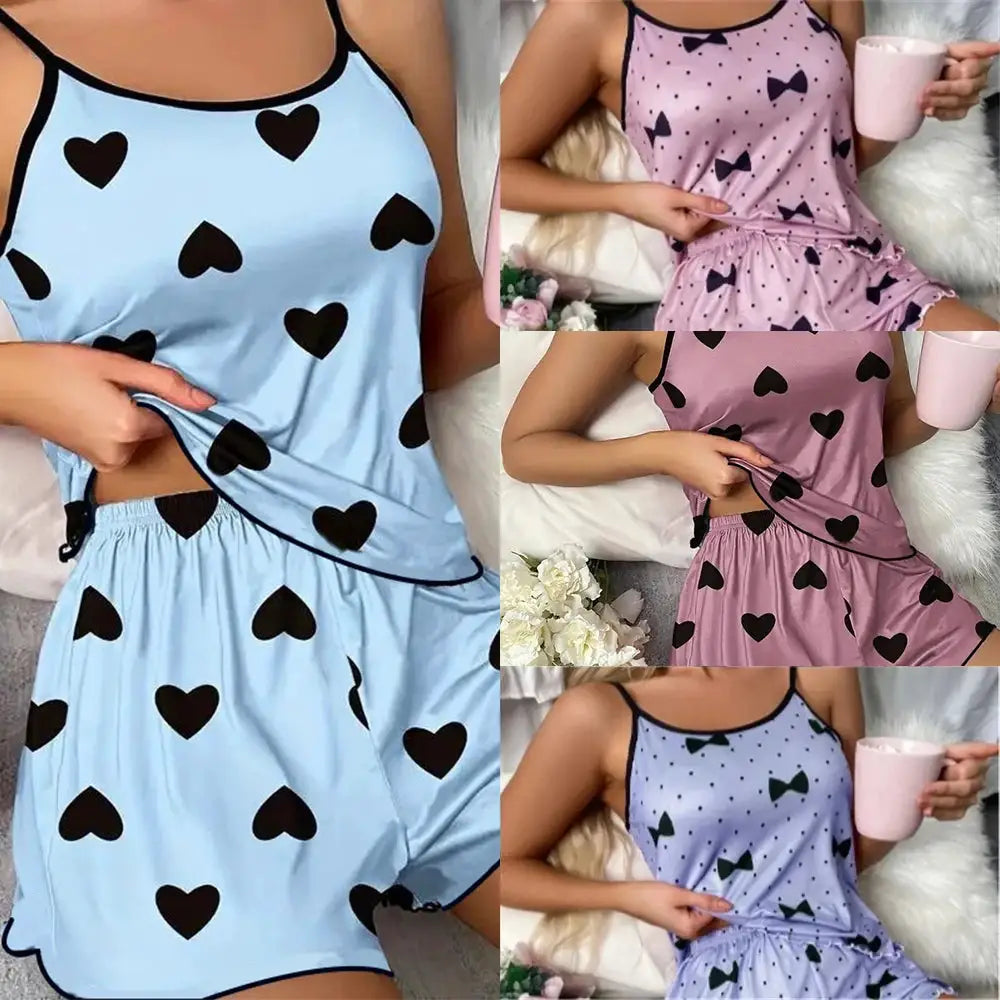 DreamWeave Ice Silk T Shirt And Shorts Pajama Set For Women Pink Heart Print Cozy Summer Comfort