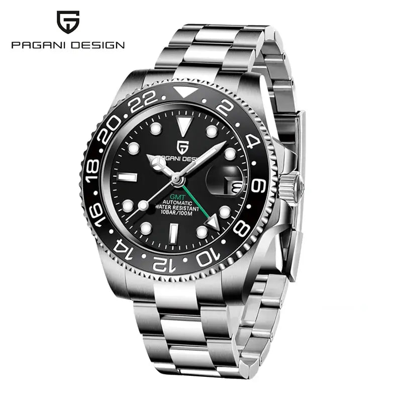 PAGANI DESIGN 40mm GMT automatic stainless steel men's wristwatch with black dial, metal bracelet, water resistant 100m