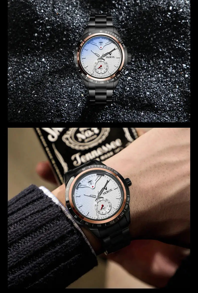 SKROX luxury sapphire stainless steel automatic men’s watch with black bracelet