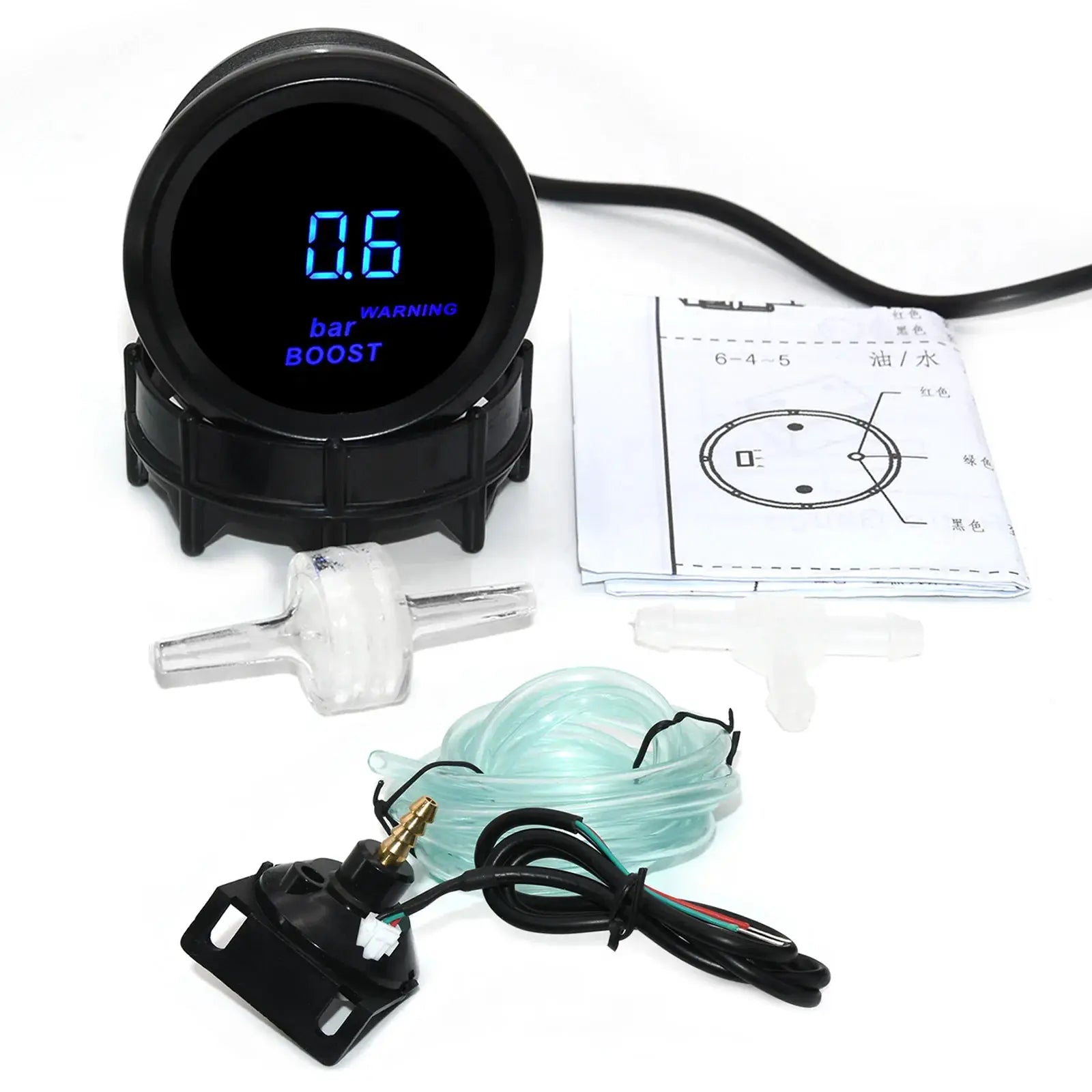 52mm digital gauge with blue LED readout for boost, oil pressure, oil temperature, voltmeter and RPM