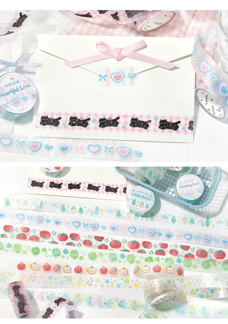 Decorative washi tape set with pastel cat, heart and fruit patterns for journaling and scrapbooking