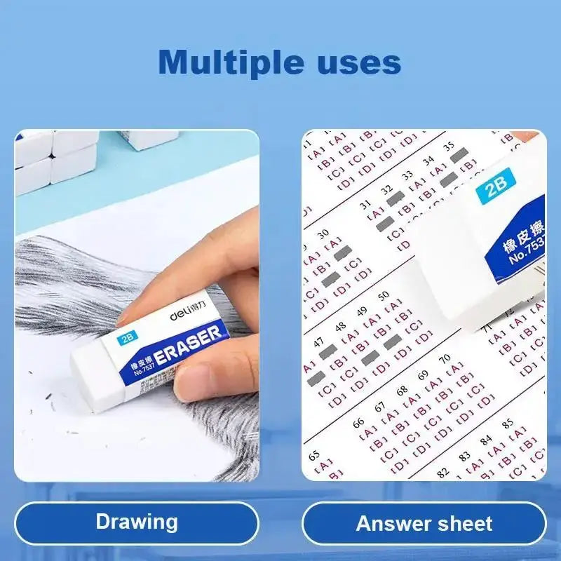 Deli 2B eraser; white with blue label, ideal for drawing and exams