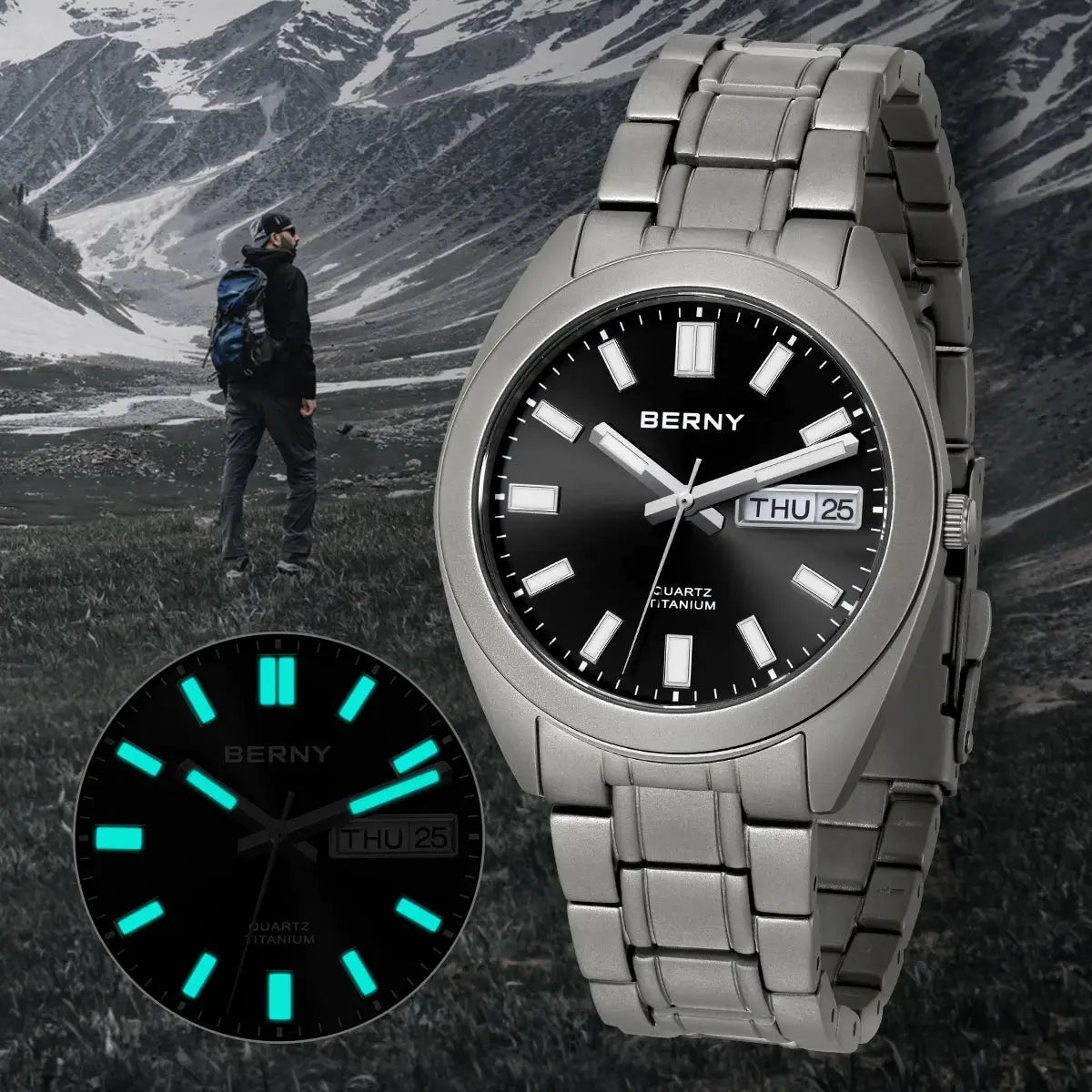 BERNY titanium men's wristwatch with black dial, luminous markers, and date display
