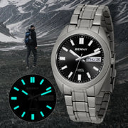 BERNY titanium men's wristwatch with black dial, luminous markers, and date display