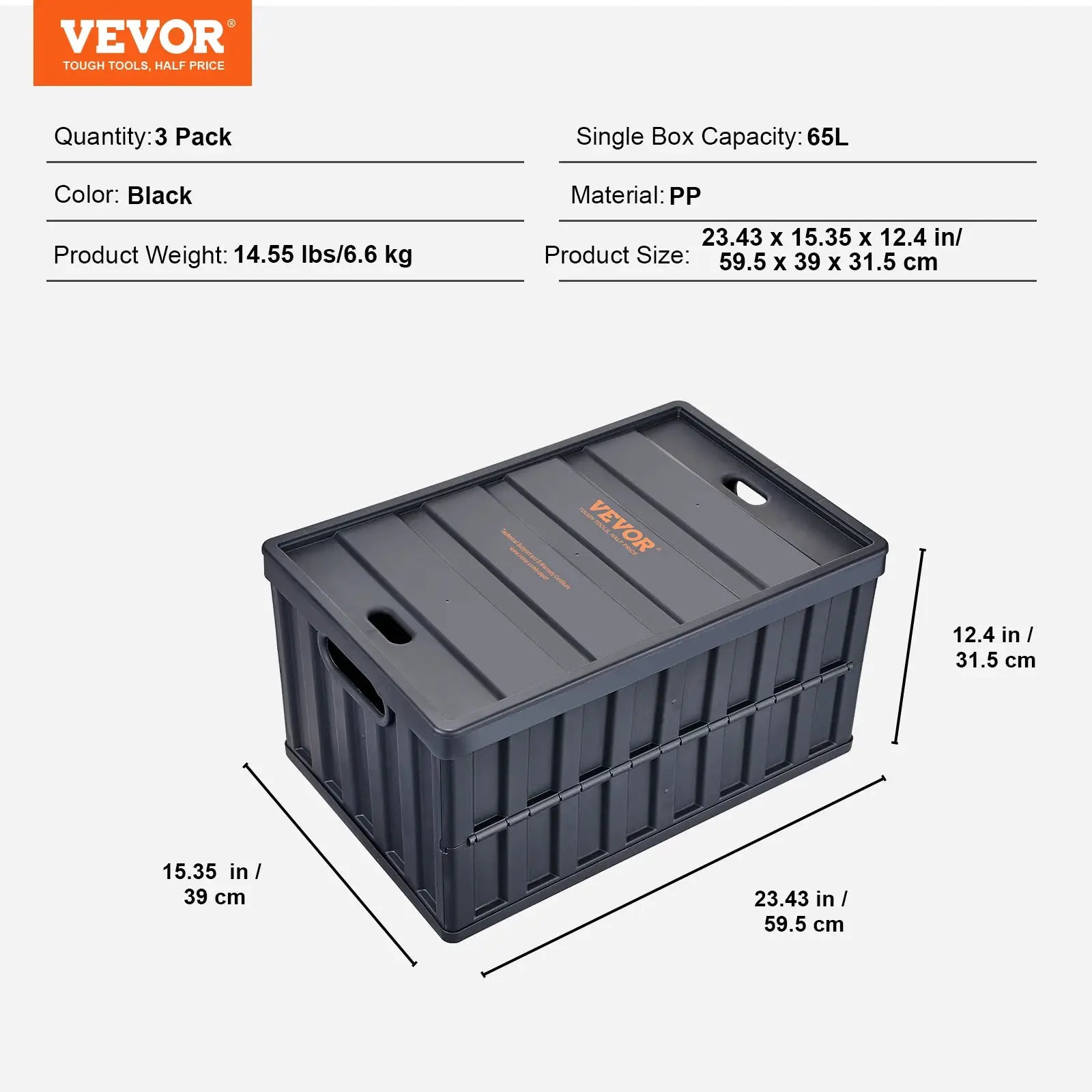 SucceBuy Set of 3 Collapsible Storage Bins 45L 65L Folding Stackable Crates with Lids for Clothes Home Garage