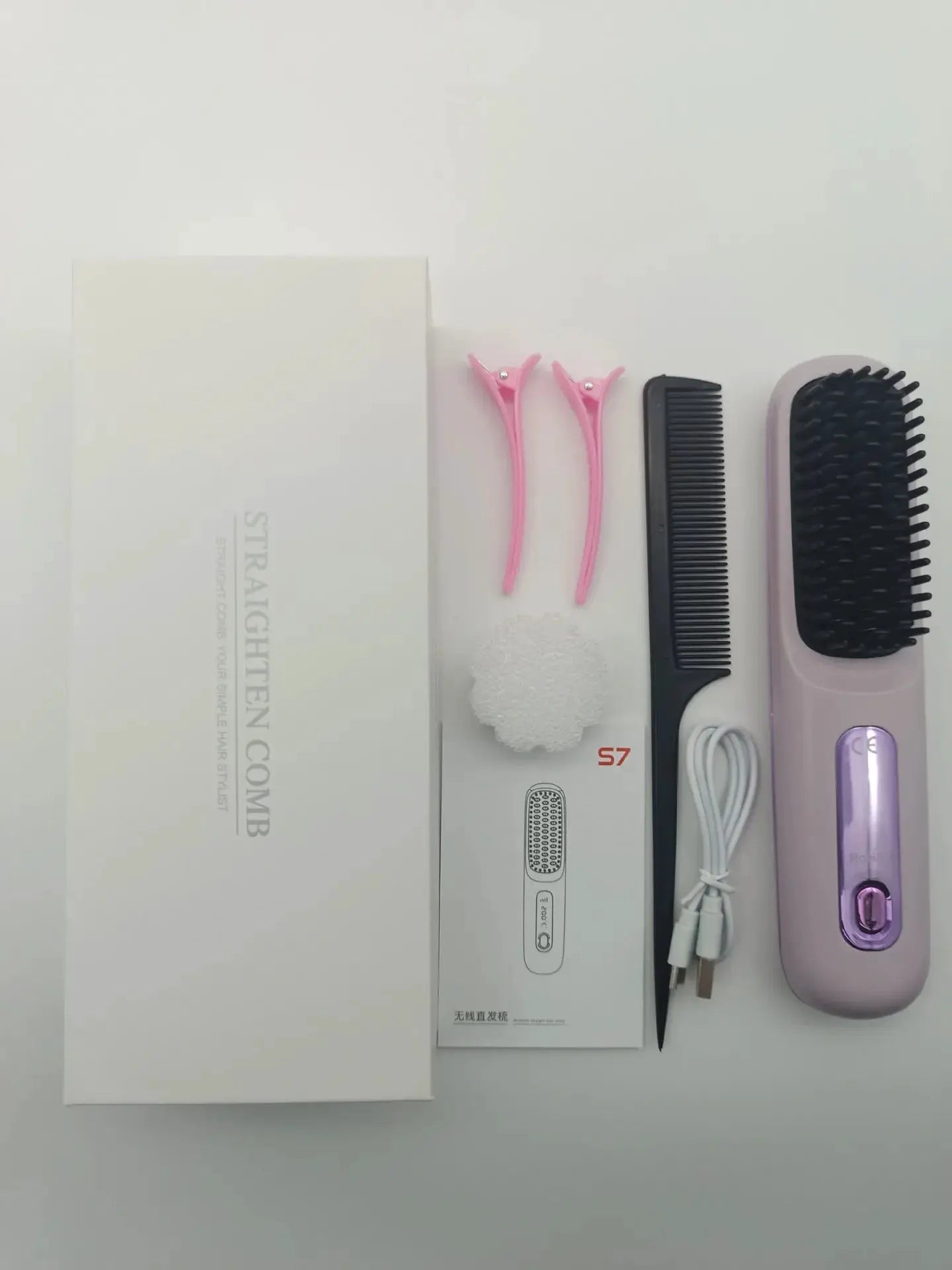 Simples Market USB charging cordless hair straightener brush with LED display; ceramic coating, includes two pink clips
