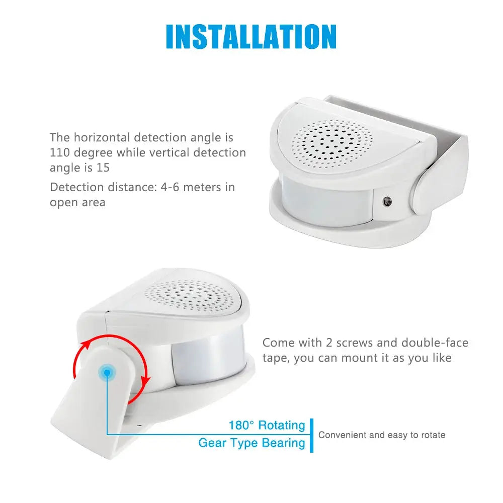 FUERS wireless doorbell with PIR motion sensor, white; includes screws and double-sided tape for mounting.