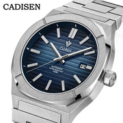 CADISEN diver watch with stainless steel bracelet, blue striped dial, date window, automatic movement, water resistant 100m