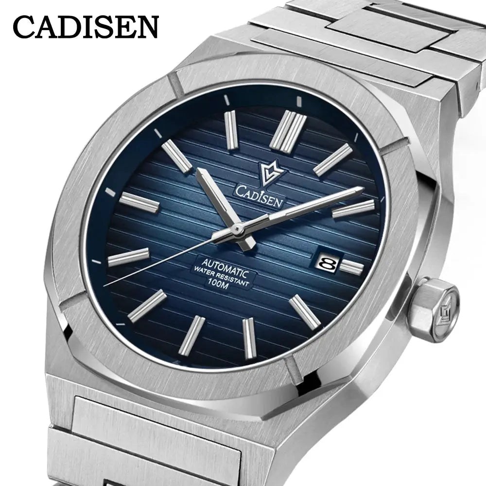 CADISEN diver watch with stainless steel bracelet, blue striped dial, date window, automatic movement, water resistant 100m