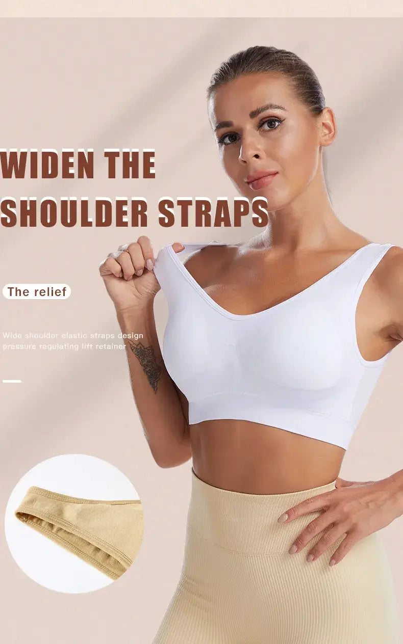 Plus-size S-7XL white seamless wireless bra with wide shoulder straps