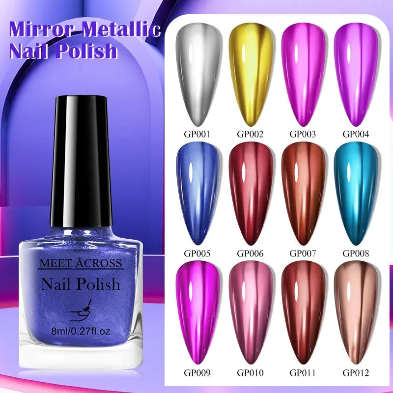 NovaGlow Metallic Nail Polish Mirror Effect 8ml Fast Drying Long Lasting No Lamp Cure Professional Salon Quality