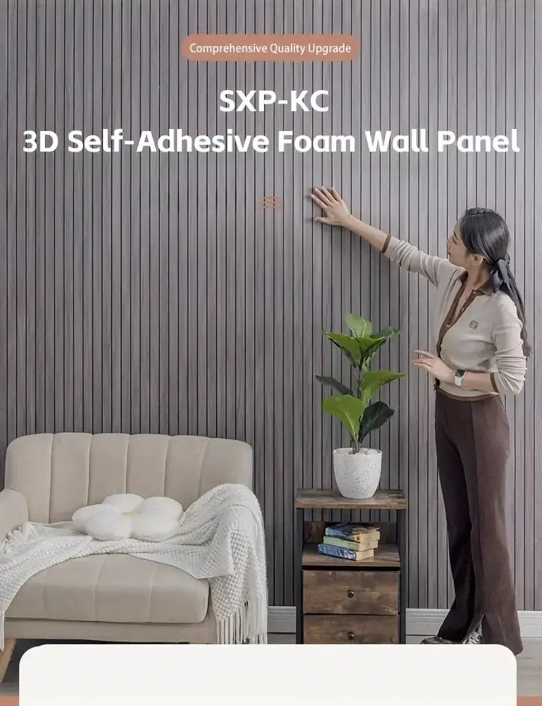3D self-adhesive foam wall panel SXP-KC by Simples Market in dark gray wood grain.